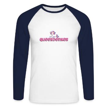 LGBTQ+ - "QUEERDenker mit Einhorn schlafend pink" - Unisex Baseballshirt langarm - Weiß/Navy - Vorne - Nik (191cm)