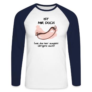 Ist mir doch wurst - wie das hier aussieht - Unisex Baseballshirt langarm - Weiß/Navy - Vorne - Nik (191cm)