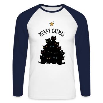 Merry Catmas, Cat Merry Christmas Tree - Unisex Long Sleeve Baseball T-Shirt - white/navy - Front - Nik (191cm)