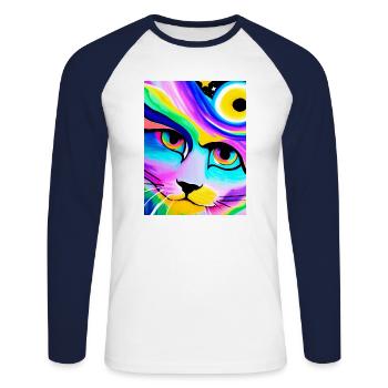 Cosmic Anime Cat Gros plan - T-shirt baseball manches longues Homme - blanc/marine - Devant - Nik (191cm)