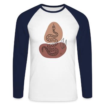 "Snake", boho line art design, series "Desert" - Unisex Long Sleeve Baseball T-Shirt - white/navy - Front - Nik (191cm)