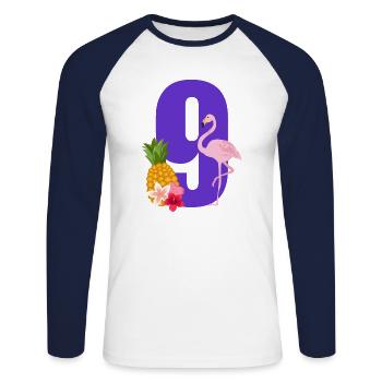 9th Anniversary Flamingo - Unisex Long Sleeve Baseball T-Shirt - white/navy - Front - Nik (191cm)