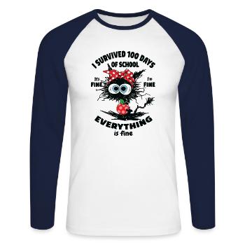 Lustige Katze, ich habe 100 Tage Schule überlebt, es ist in Ordnung - Unisex Baseballshirt langarm - Weiß/Navy - Vorne - Nik (191cm)