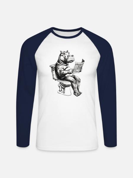Lachendes Nilpferd mit Zeitung - Unisex Baseballshirt langarm - Weiß/Navy