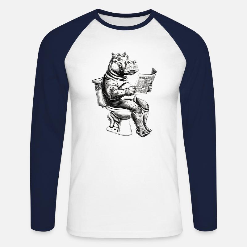 Lachendes Nilpferd mit Zeitung - Unisex Baseballshirt langarm - Weiß/Navy