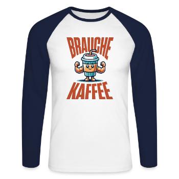 Ich brauche Kaffee–Lustiges T-Shirt für Kaffeefans - Unisex Baseballshirt langarm - Weiß/Navy - Vorne - Nik (191cm)