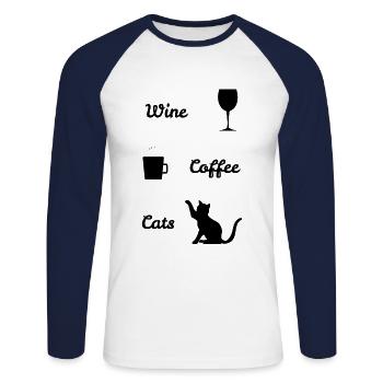 WINE COFFEE CATS :: GIFT - Unisex Long Sleeve Baseball T-Shirt - white/navy - Front - Nik (191cm)