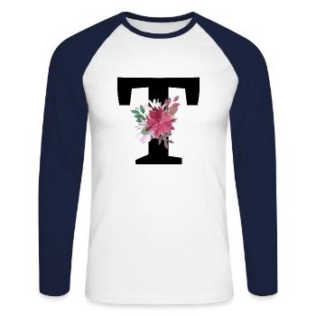 Buchstabe t blumig - Unisex Baseballshirt langarm - Weiß/Navy - Vorne - Nik (191cm)