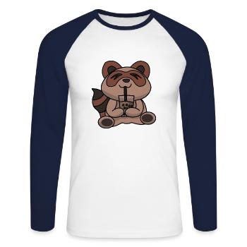 Bubble Tea Drinking Raccoon Anime Kawaii - Unisex Long Sleeve Baseball T-Shirt - white/navy - Front - Nik (191cm)