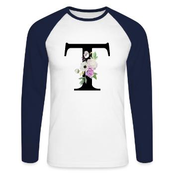 Lila Blumenbuchstabe T - Unisex Baseballshirt langarm - Weiß/Navy - Vorne - Nik (191cm)