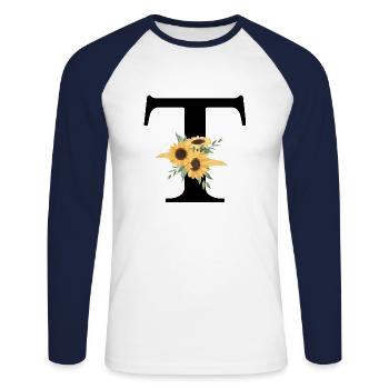 Lettre t floral tournesol - T-shirt baseball manches longues Homme - blanc/marine - Devant - Nik (191cm)