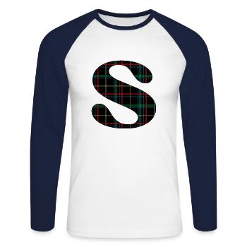 Schottisches Schottenkaro des Monogramms - Unisex Baseballshirt langarm - Weiß/Navy - Vorne - Nik (191cm)