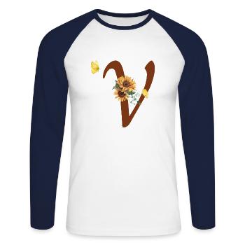 Buchstabe v Sonnenblume Schmetterling - Unisex Baseballshirt langarm - Weiß/Navy - Vorne - Nik (191cm)