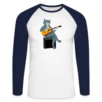 CHAT JOUANT DE LA GUITARE ACOUSTIQUE - T-shirt baseball manches longues Homme - blanc/marine - Devant - Nik (191cm)