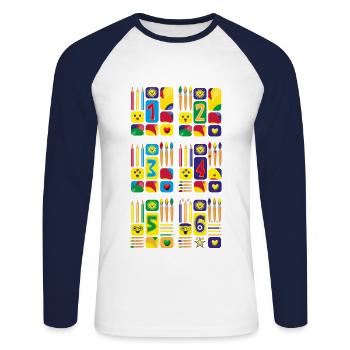 Lustige Zahlen zur Grundschulzeit. - Unisex Baseballshirt langarm - Weiß/Navy - Vorne - Nik (191cm)
