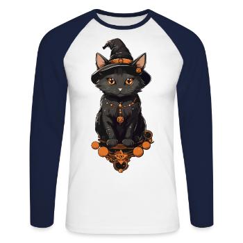 Magic Witch Cat a Halloween Cartoon Design - Unisex Long Sleeve Baseball T-Shirt - white/navy - Front - Nik (191cm)