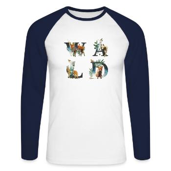 Wald Motiv mit Tieren - Hirsch, Wolf, Fuchs - Unisex Baseballshirt langarm - Weiß/Navy - Vorne - Nik (191cm)