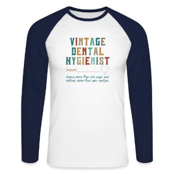 Hygiéniste dentaire vintage - T-shirt baseball manches longues Homme - blanc/marine - Devant - Nik (191cm)