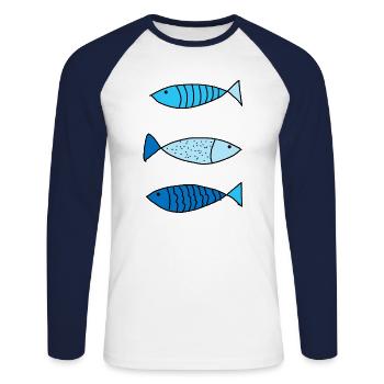 Poissons,Mer,Plage,Pêche,Cadeau,drôle,cool, - T-shirt baseball manches longues Homme - blanc/marine - Devant - Nik (191cm)