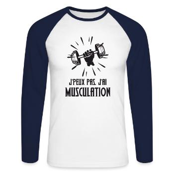 Musculation - T-shirt baseball manches longues Homme - blanc/marine - Devant - Nik (191cm)