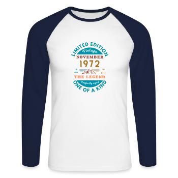 November 1972 Limited Edition - Unisex Long Sleeve Baseball T-Shirt - white/navy - Front - Nik (191cm)