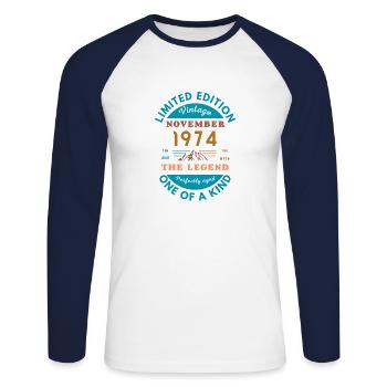 November 1974 Limited Edition - Unisex Long Sleeve Baseball T-Shirt - white/navy - Front - Nik (191cm)