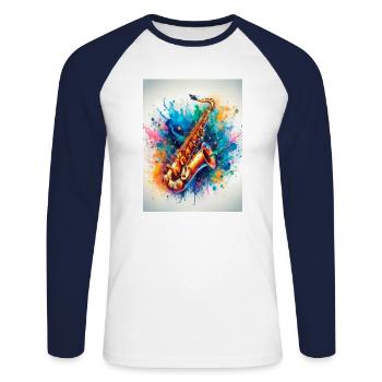 Saxophone aquarelle - T-shirt baseball manches longues Homme - blanc/marine - Devant - Nik (191cm)
