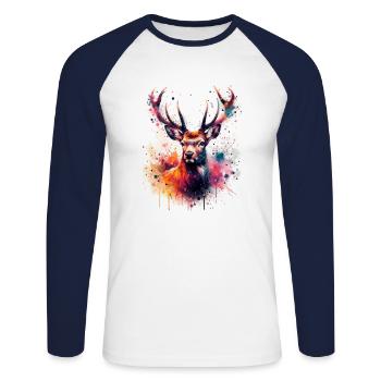 Hirsch in Aquarell - Unisex Baseballshirt langarm - Weiß/Navy - Vorne - Nik (191cm)