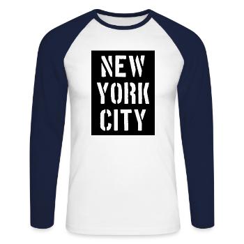 New York City - NYC - Manhattan - Brooklyn - Bronx - Unisex Long Sleeve Baseball T-Shirt - white/navy - Front - Nik (191cm)