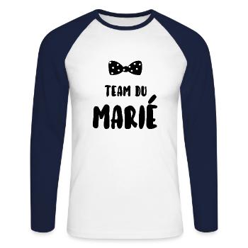 Team du marié - T-shirt baseball manches longues Homme - blanc/marine - Devant - Nik (191cm)