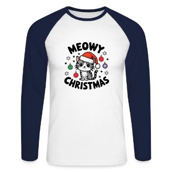 Meowy Christmas - Chat Festif et Mignon - T-shirt baseball manches longues Homme - blanc/marine - Devant - Nik (191cm)