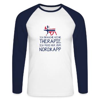 Ich brauche keine Therapie I muss nur zum Nordkapp - Unisex Baseballshirt langarm - Weiß/Navy - Vorne - Nik (191cm)