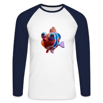 Poisson 3D mignon avec de grands yeux - T-shirt baseball manches longues Homme - blanc/marine - Devant - Nik (191cm)