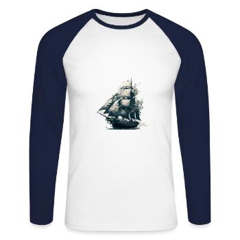 Grand marin en tournée, voilier sur la mer - T-shirt baseball manches longues Homme - blanc/marine - Devant - Nik (191cm)