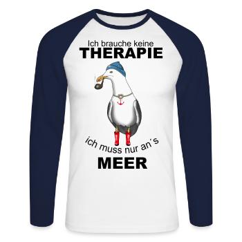 Ich brauche keine Therapie! Ich muss nur an´s Meer - Unisex Baseballshirt langarm - Weiß/Navy - Vorne - Nik (191cm)