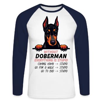 Ohne Doberman ist alles doof - Unisex Baseballshirt langarm - Weiß/Navy - Vorne - Nik (191cm)