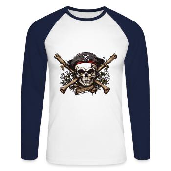Pirate Jolly Roger crâne Adventure Design - T-shirt baseball manches longues Homme - blanc/marine - Devant - Nik (191cm)