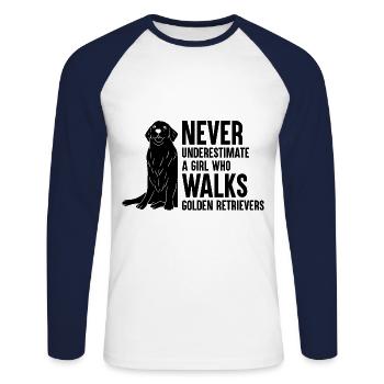 Never Underestimate A Girl Who Walks Golden Retrie - Unisex Long Sleeve Baseball T-Shirt - white/navy - Front - Nik (191cm)