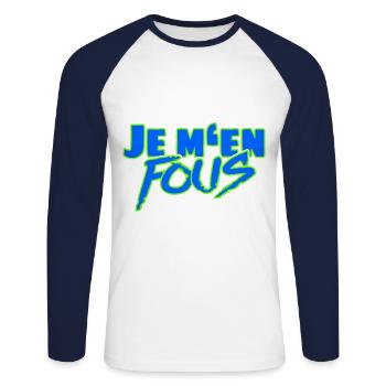 Je m’en fous – L’insolent dicton français - T-shirt baseball manches longues Homme - blanc/marine - Devant - Nik (191cm)