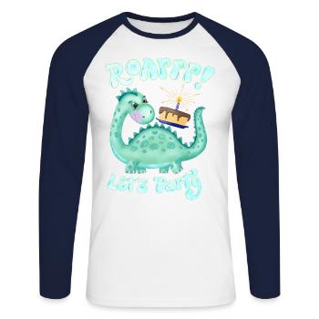 Dinosaurs: Party! Happy Birthday - Unisex Long Sleeve Baseball T-Shirt - white/navy - Front - Nik (191cm)