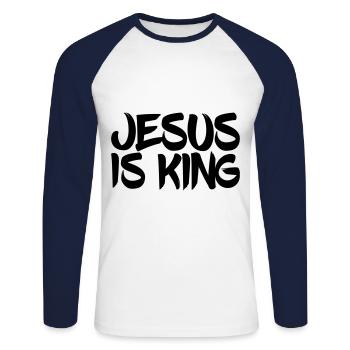 Jésus est roi. Dieu Christ Roi - T-shirt baseball manches longues Homme - blanc/marine - Devant - Nik (191cm)