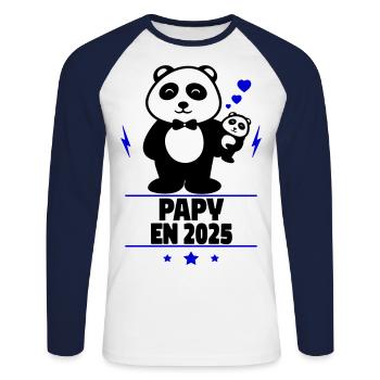 Papy en 2025,Annonce Grossesse,Enceinté,Bébé - T-shirt baseball manches longues Homme - blanc/marine - Devant - Nik (191cm)