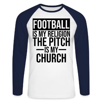 Fussball ist meine Religion - Unisex Baseballshirt langarm - Weiß/Navy - Vorne - Nik (191cm)