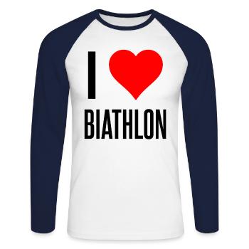 J'aime le biathlon - T-shirt baseball manches longues Homme - blanc/marine - Devant - Nik (191cm)