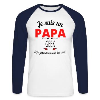 Papa GEEK - T-shirt baseball manches longues Homme - blanc/marine - Devant - Nik (191cm)