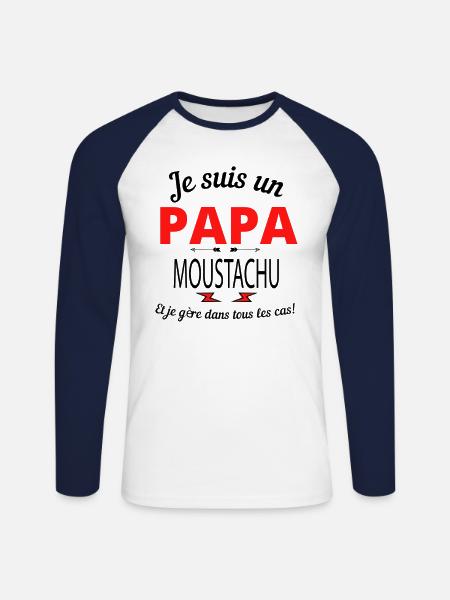 Papa MOUSTACHU - T-shirt baseball manches longues Homme - blanc/marine