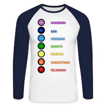Die 7 Yoga Spiritualität Chakren - Unisex Baseballshirt langarm - Weiß/Navy - Vorne - Nik (191cm)