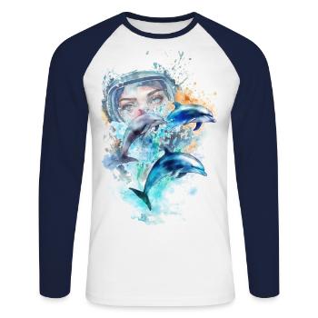 Watercolor: 3 dolphins with scuba diver - Unisex Long Sleeve Baseball T-Shirt - white/navy - Front - Nik (191cm)