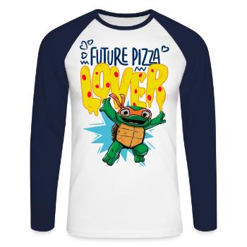 TMNT Mutant Mayhem Future Pizza Lover Mit Mikey - Unisex Baseballshirt langarm - Weiß/Navy - Vorne - Nik (191cm)