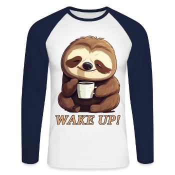 Sloth morning grouch coffee wake up wake up - Unisex Long Sleeve Baseball T-Shirt - white/navy - Front - Nik (191cm)